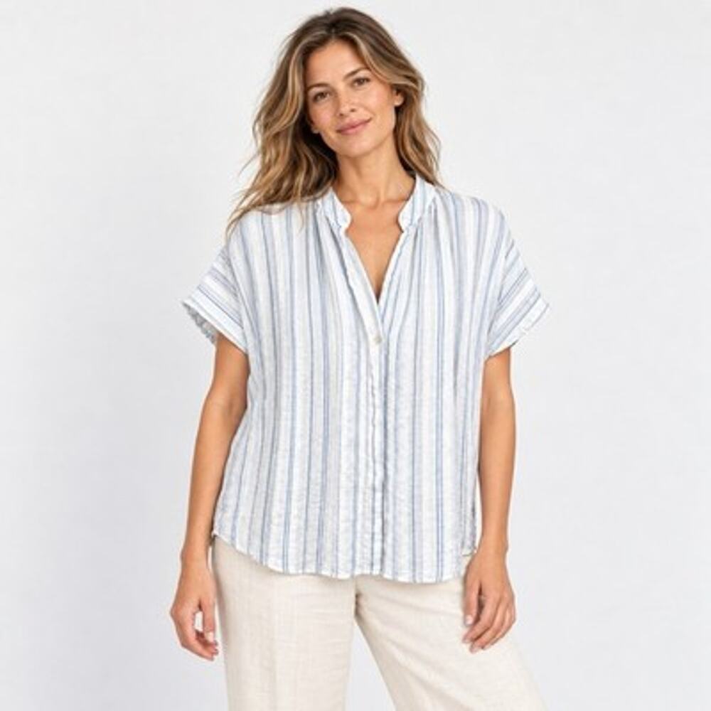 Vince Top Women Small Coastal Sandshell White Blue Striped Shirred Boxy Blouse